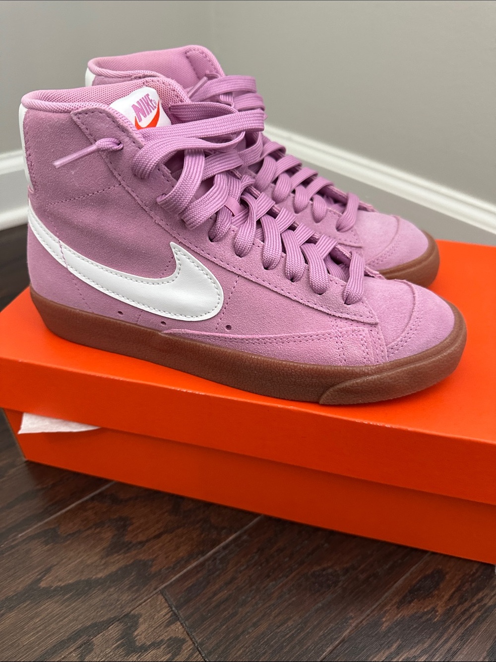Nike Women's High-Top Suede Sneakers in Pink with White Swoosh